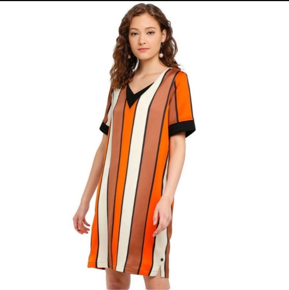 SCOTCH & SODA STRIPE RIBBED DETAIL V NECK DRESS SZ MED
